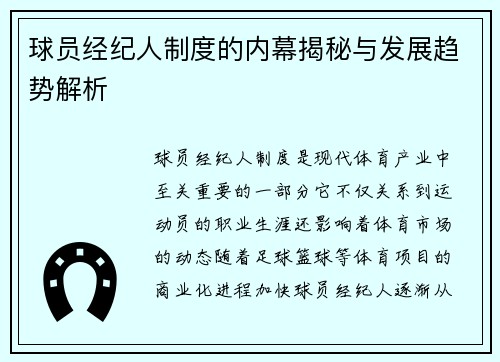 球员经纪人制度的内幕揭秘与发展趋势解析 球员经纪人制度的内幕揭秘与发展趋势解析