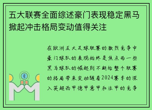 五大联赛全面综述豪门表现稳定黑马掀起冲击格局变动值得关注