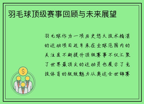 羽毛球顶级赛事回顾与未来展望